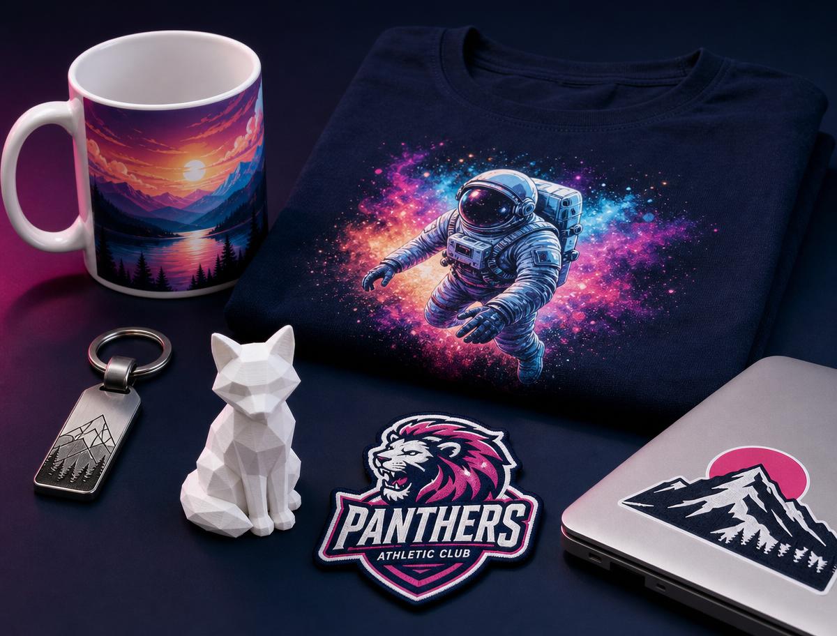 Selección de productos personalizados: taza sublimada, camiseta con estampado DTF, llavero grabado láser, figura impresa en 3D, parche de vinilo textil y portátil con pegatina de vinilo adhesivo